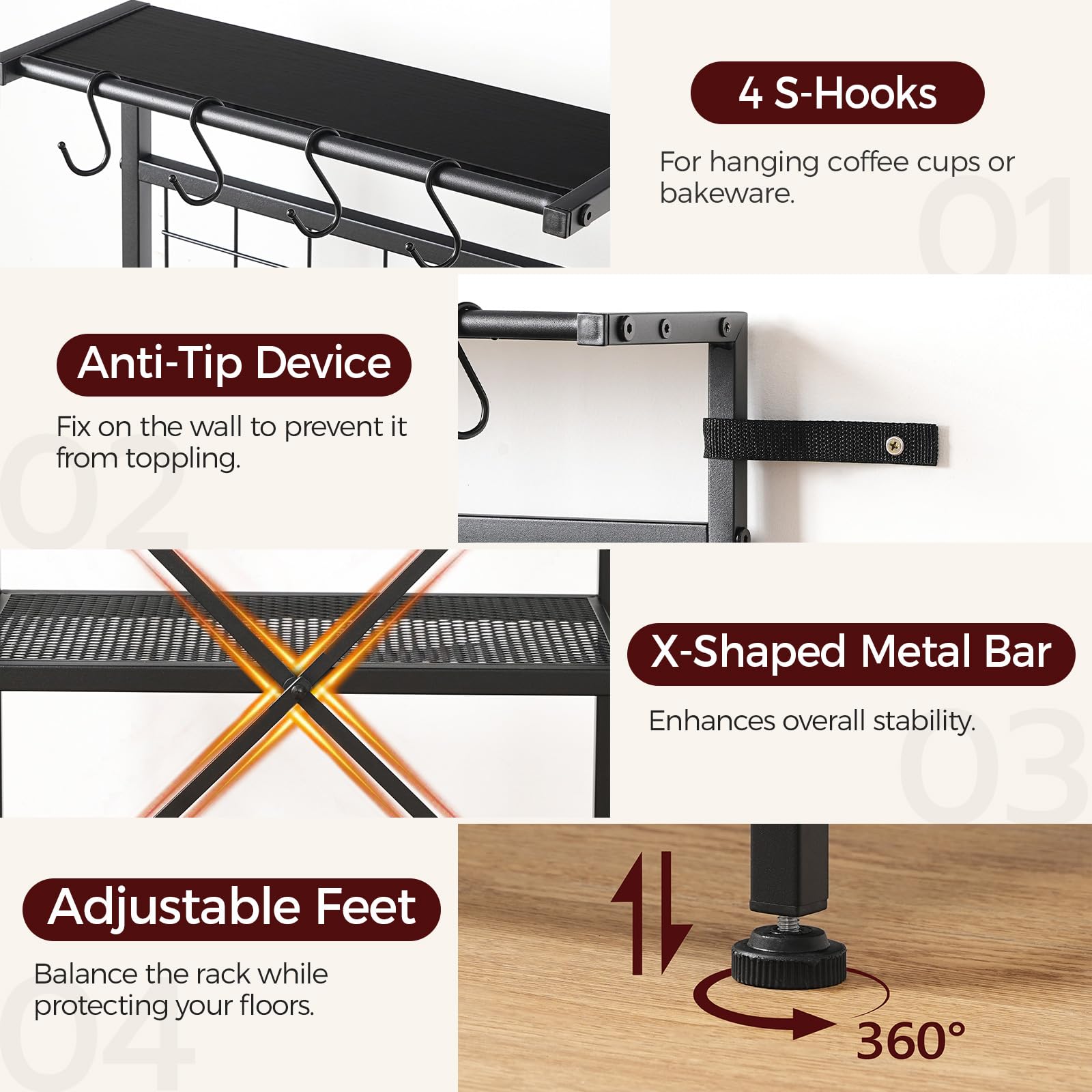 MAHANCRIS Bakers Rack with Power Outlet, Coffee Bar Station with Wine Rack, Bakers Racks for Small Spaces, Microwave Stand for Kitchen, Black BRBK23E01