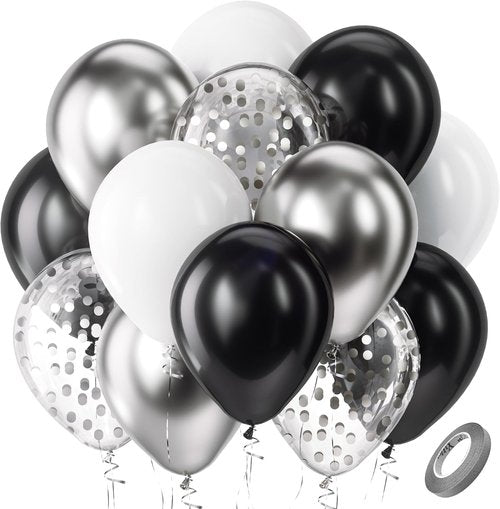 Bezente Black Silver Confetti Balloons - 60pcs 12-Inch Metallic Chrome & Confetti for Parties
