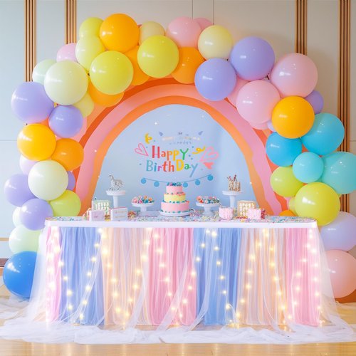 9FT Rainbow Tulle Table Skirt for Rectangle or Round Tables Ruffle Tulle Tutu Cloth Desk Table Skirt with LED Lights for Birthday Party Baby Shower Gender Reveal Cake Dessert Decorations