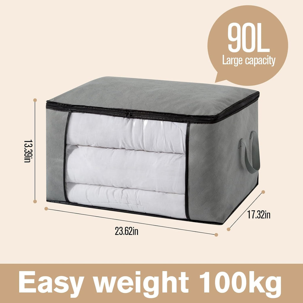 Skiennix Large Storage Bags - Foldable Closet Organizers with Lids & Reinforced Handles | 90L (4 Pack)