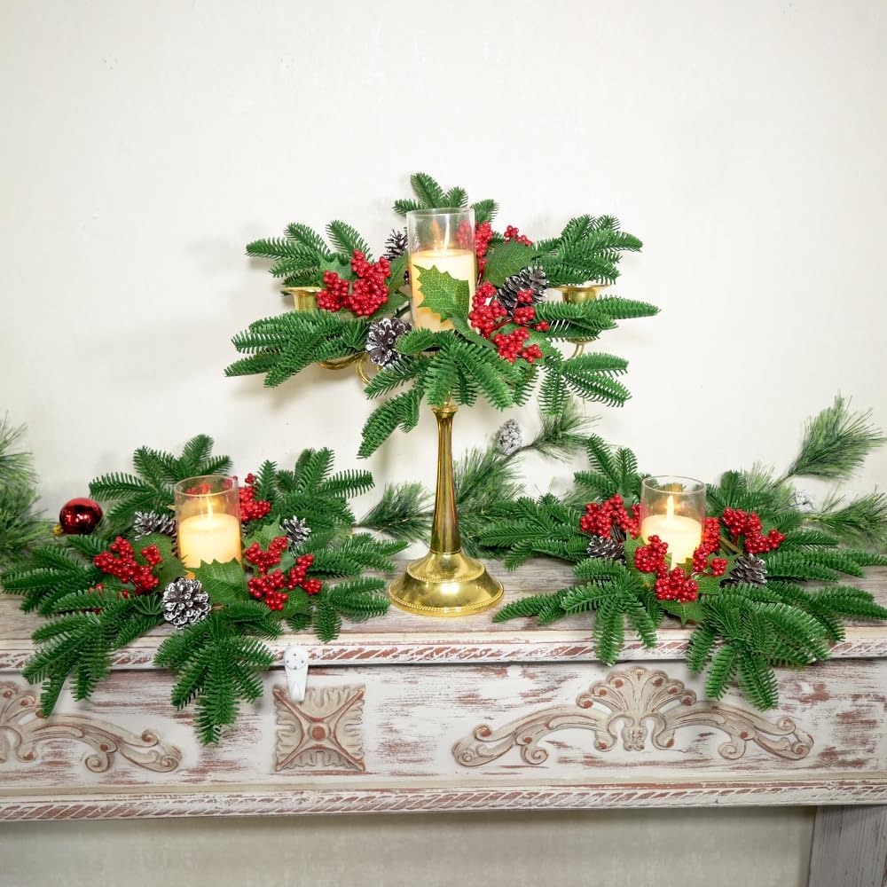 Skiennix Christmas Small Wreaths - 3 Pcs 13.5 Inch Pine Candle Rings for Table Centerpieces & Home Decor