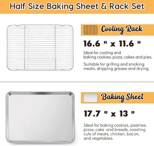 E-far Cookie Sheet Set - Half Sheet Baking Pan with Cooling Rack | 18”x13” Stainless Steel, Dishwasher Safe