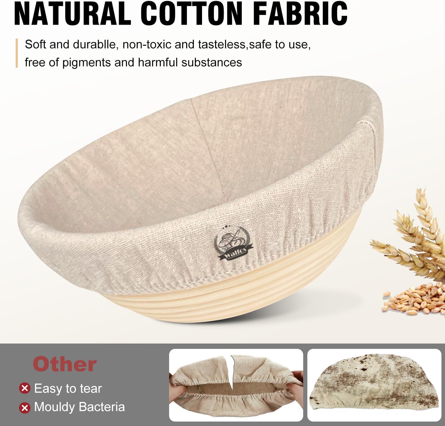 WALFOS Bread Basket Liner Cloth - 9 Inch Round Proofing Basket Cover for Baking Dough