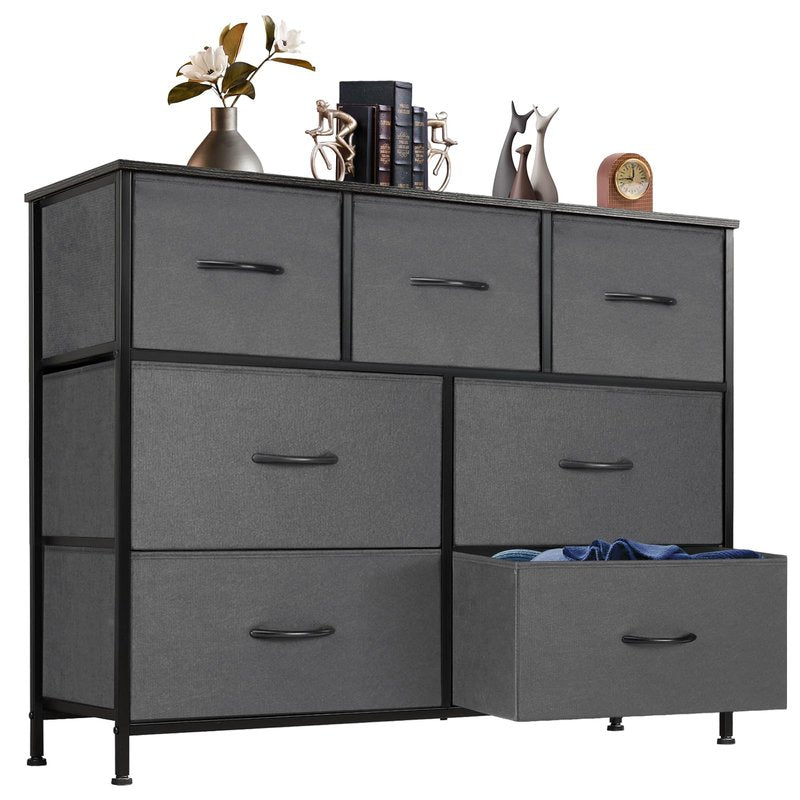 DUMOS TV Stand Dresser with 7 Fabric Drawers, Multifunctional Storage Organizer for Living Room Bedroom Closet, Entertainment Center Cabinet Chest Modern Furniture for Clothing, Grey
