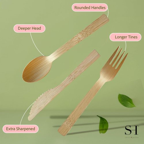SWEET HOME Bamboo Utensils Disposable Set of 180 pcs 70 Forks 40 Spoons and 70 knives 100% Compostable - Bamboo Biodegradable Utensils Eco-Friendly Cutlery for Party Camping Travel & More