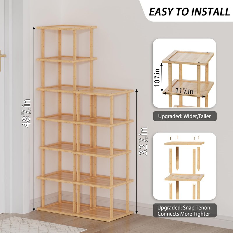 Vertical Tall Shoe Rack Organizer for Entryway -12 Tier Free Standing Slim Narrow Bamboo Wood Corner Stackable Shoe Boots Storage Stand Small Spaces for Closet Garage Cloakroom Living Room (Nature)