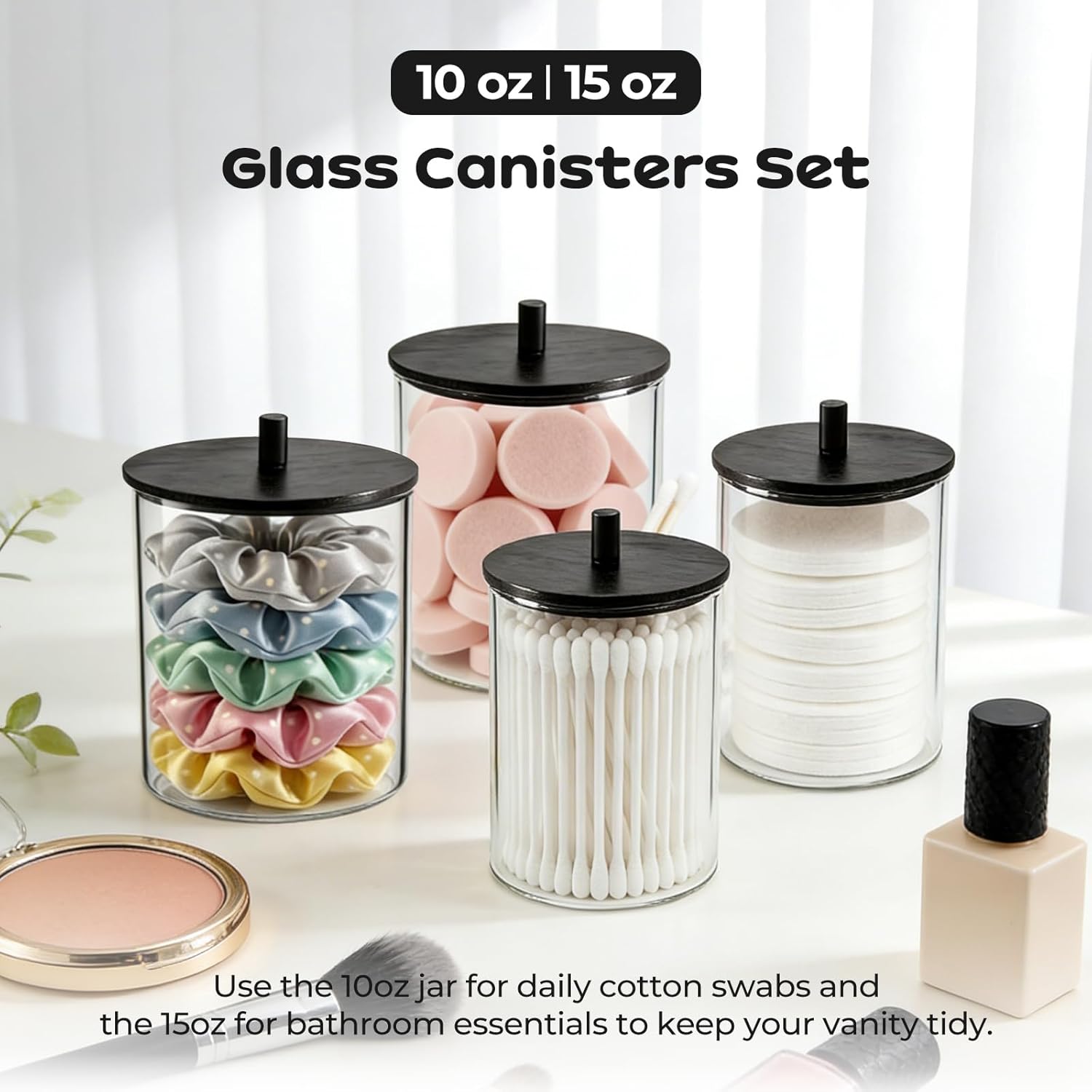 Skiennix Glass Qtip Holder Dispenser Set | 15oz & 10oz Cotton Swab Organizers with Black Wooden Lids