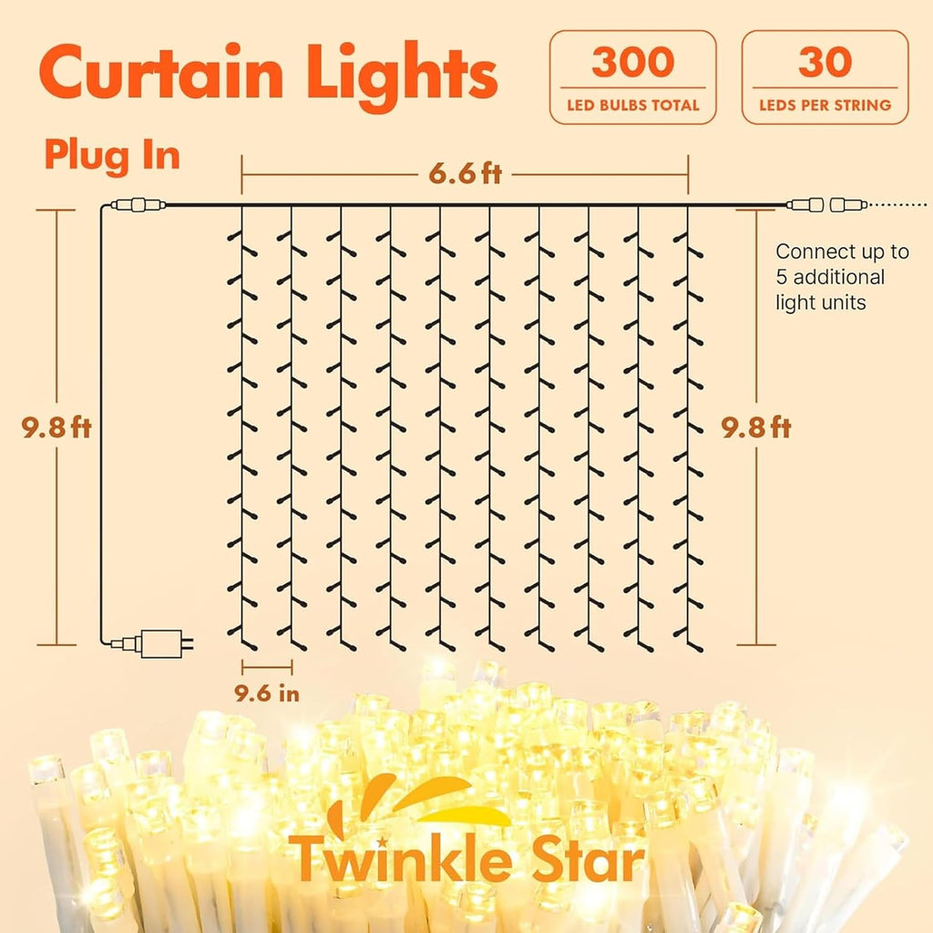 Twinkle Star 300 LED Curtain String Lights - 8 Modes Fairy Lights for Bedroom & Party | Warm White