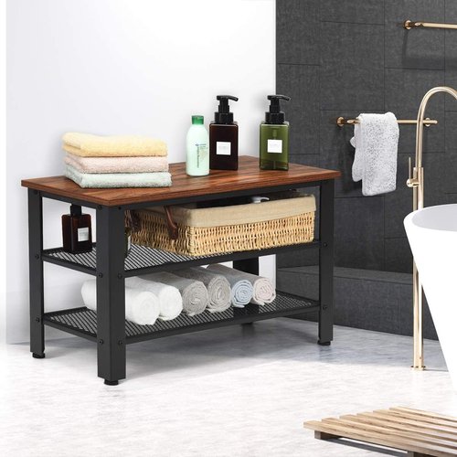 FANTASK Vintage Industrial Style Shoe Storage Bench Rack with 2 Mesh Shelves, Rustic Brown