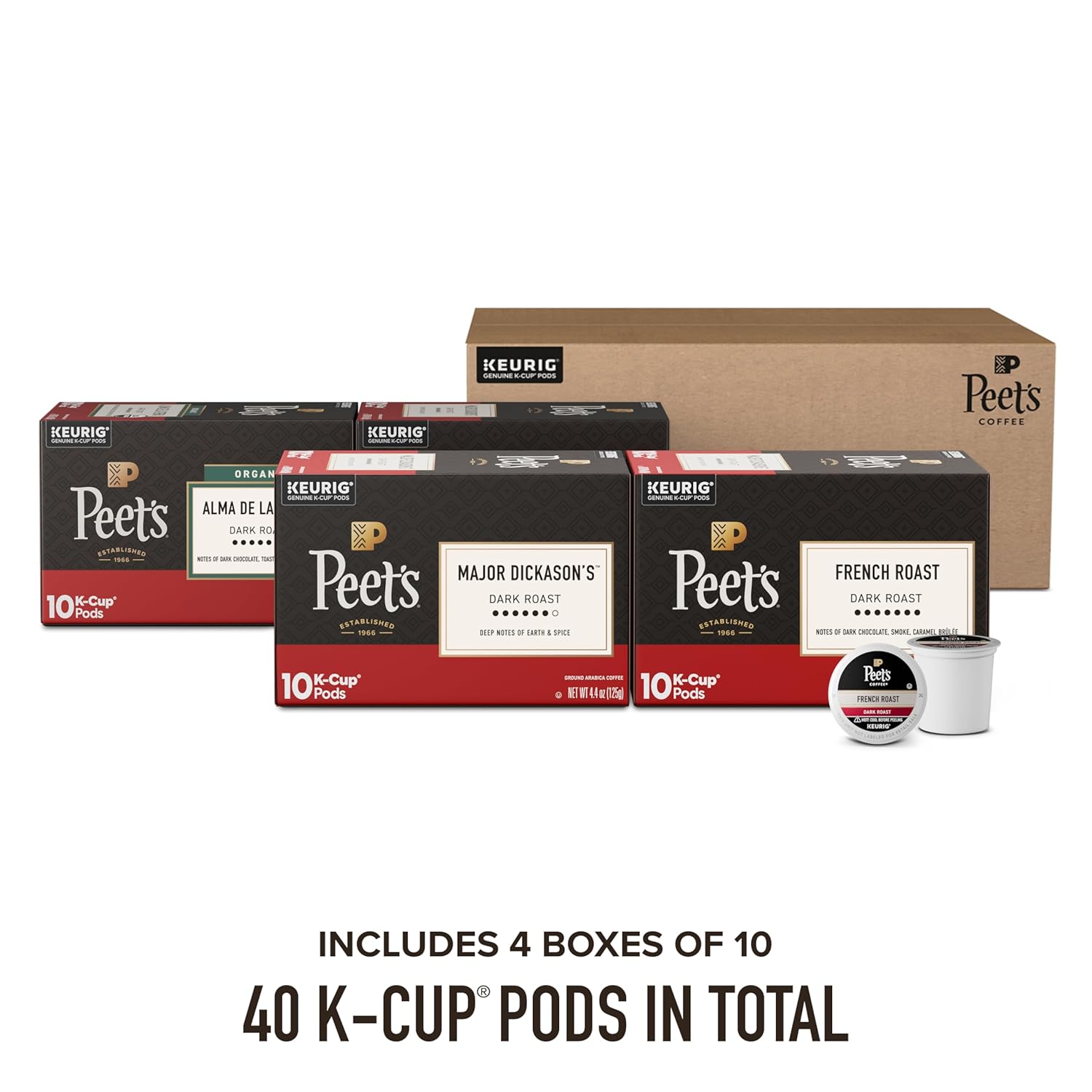 Peet's Coffee K-Cup Pods Variety Pack - Dark Roast 100% Arabica Coffee, 40 Count (4 Boxes)