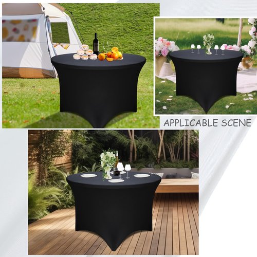 4 Pack Black 48-Inch Diameter x 30-Inch High Round Spandex Tablecloth for 4FT Round Tables|Fitted Stretch Tablecloth with Foot Bag for Party, Wedding, Birthday, Banquet, Vendor Stand