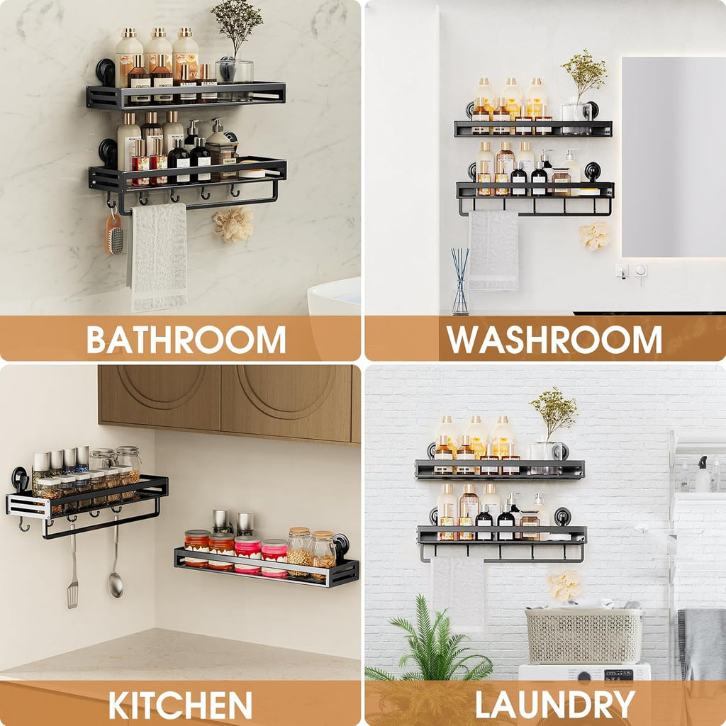 Skiennix Shower Caddy - 15.7 Inch Suction Cup Bathroom Organizer | Rustproof Black Shelf with Hooks & 2 Extra Suction Cups