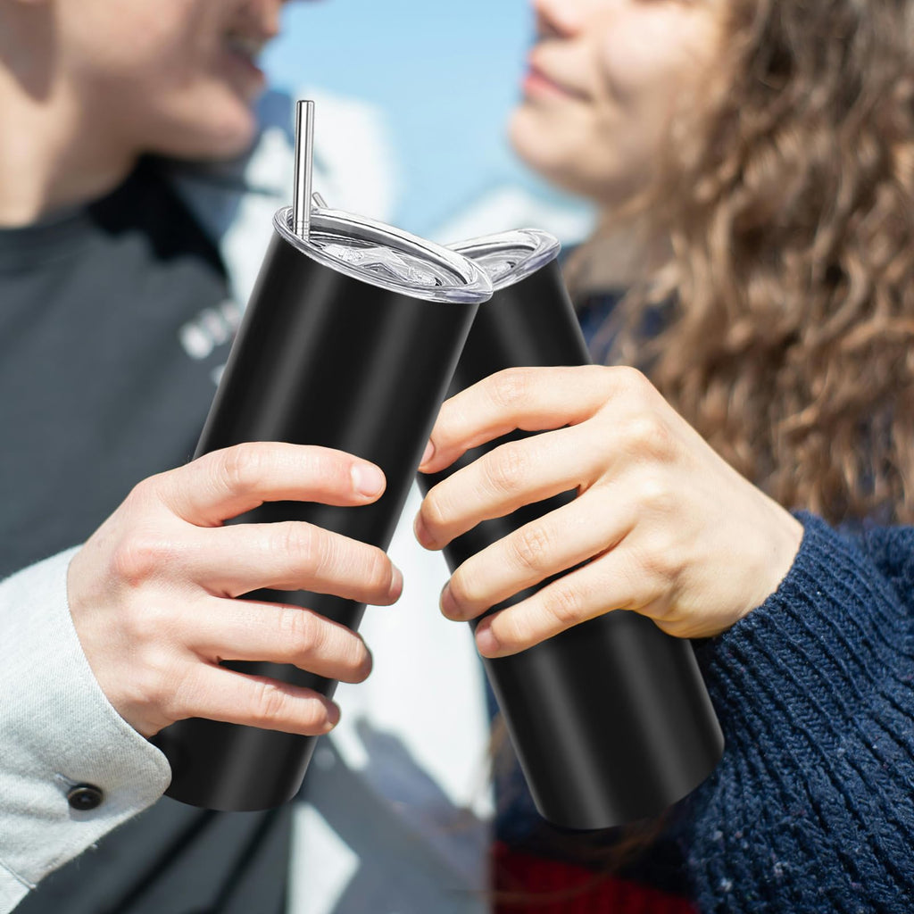 YOUKE OLA 12 Pack Stainless Steel Skinny Tumblers Bulk Straight Double Wall Insulated Tumbler with Lid and Straw for, DIY, Black, 20oz