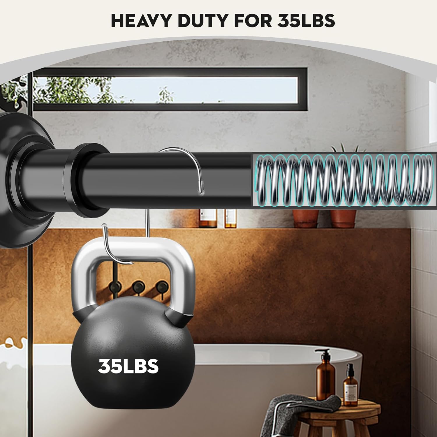 Skiennix Adjustable Tension Shower Curtain Rod - Heavy Duty, No Drill, 30 to 120 Inch, Black