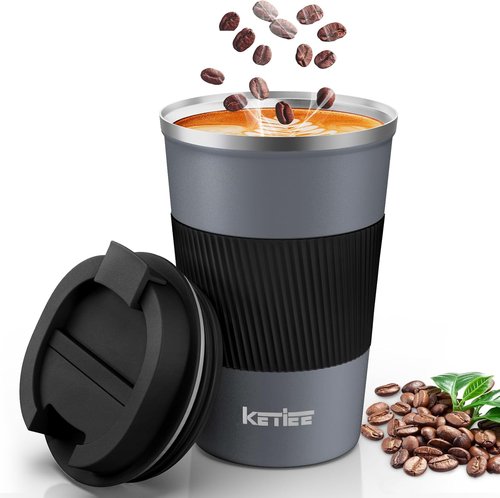 KETIEE Travel Coffee Mug - Insulated 12oz Stainless Steel Tumbler with Spill-Proof Lid | Grey