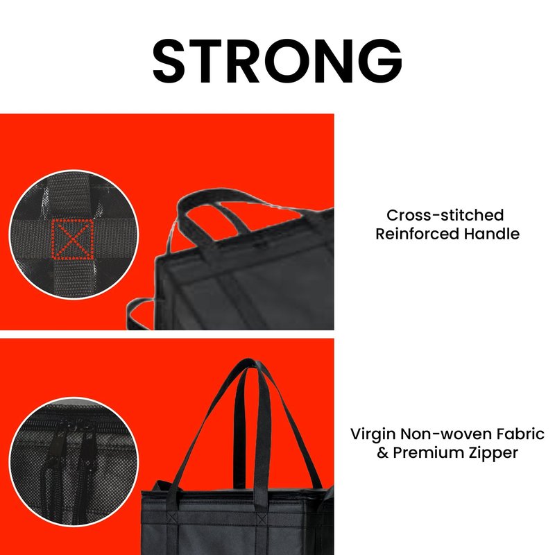 NZ home Insulated Bags for Food Delivery (Large) Grocery Shopping Cooler Bag, Pizza Delivery, Hot & Cold Catering Tote, Reusable, Foldable & Heavy Duty (2 Pack, Black)