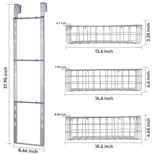 HUIFAHUO Detachable 3-Basket Over The Door Organizer, Heavy Duty Iron Hanging Shelf Door Back Storage Organizer Rack for Kitchen, Bathroom (Grey).