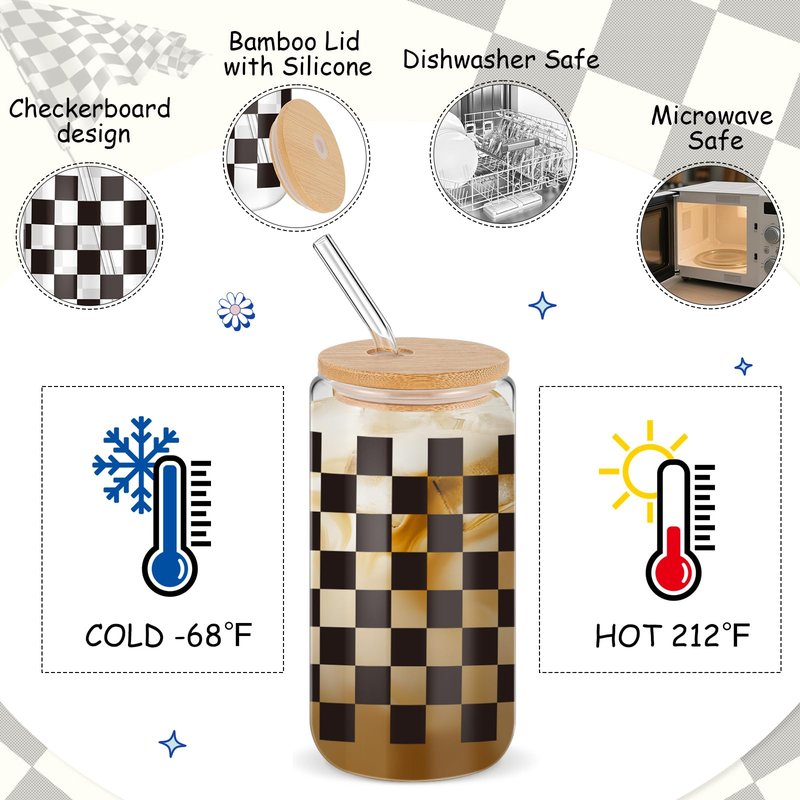Yetene 12 Set 16oz Checkerboard Glass Cups with Bamboo Lids and Straws White Black Checkered Flag Glasses Tumblers Ice Coffee Cup for Racing Car Christmas Party Drink Decoration Gifts for Women