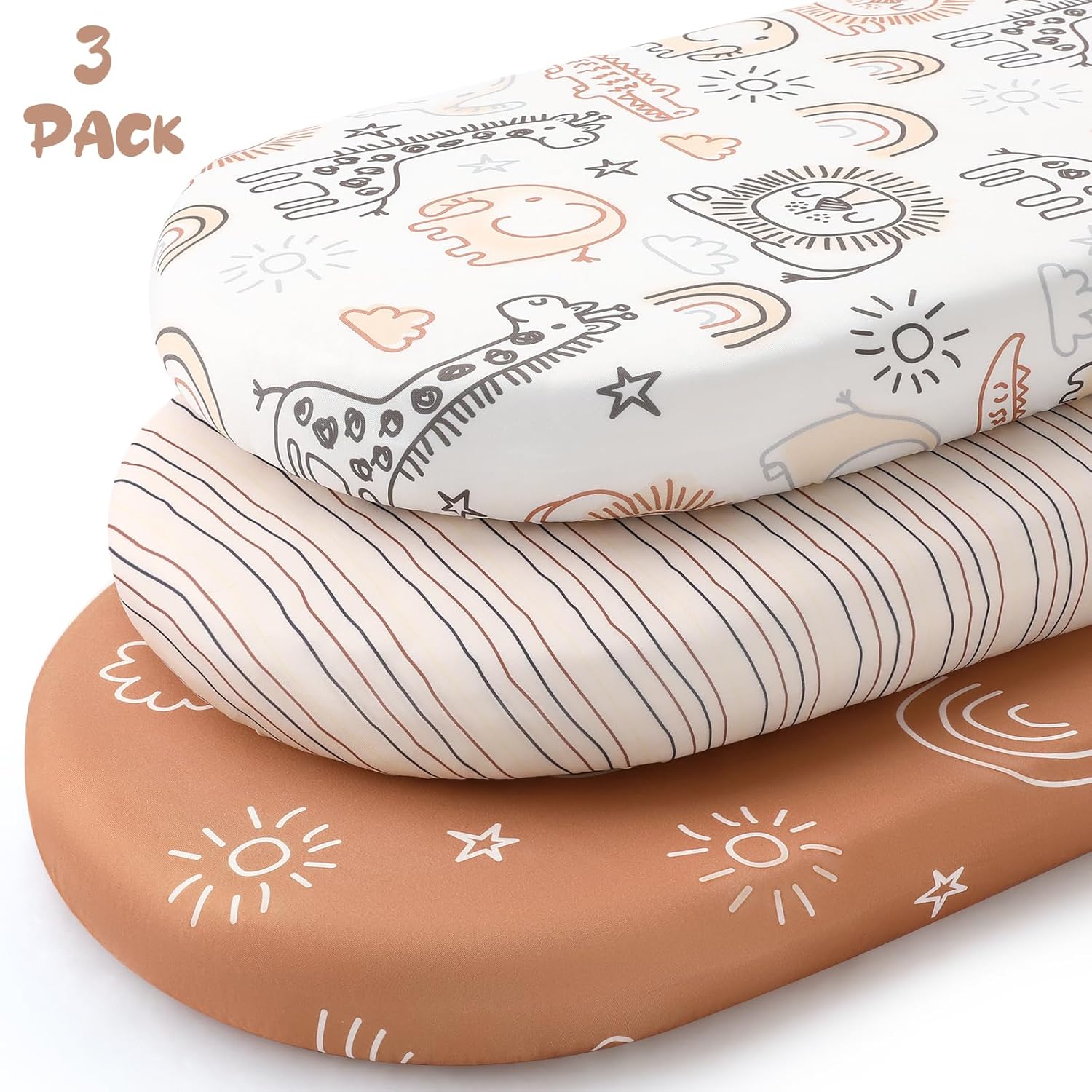 Yoofoss Bassinet Sheets - 3-Pack Fitted Mattress Covers for Halo & Baby Delight | Soft & Breathable (Brown & Animals)
