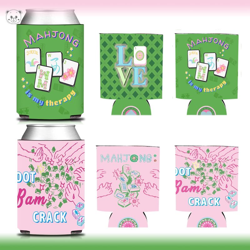 KARAQY 12 Pcs Mahjong Party Can Coolers, Pink and Green Mahjong Can Sleeve for Mahjong Gifts Mahjong Party Decorations Supplies