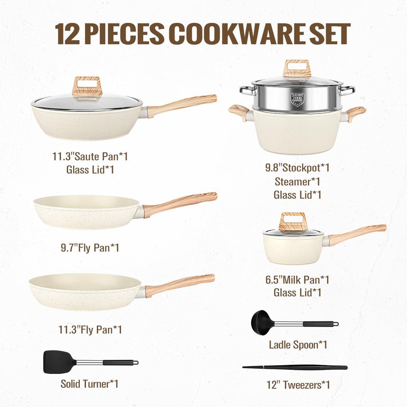 Granite Kitchen Cookware Set, 12 Pcs Non Stick Pots and Pans, Frying Pans, Saucepans, Steamer - Healthy, Non-toxic, PFAS and PFOA Free (WHITE)