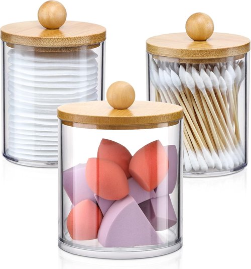 Apothecary Jar Qtip Holder Dispenser Set - 3 Pack Bamboo Lids for Stylish Vanity Organization