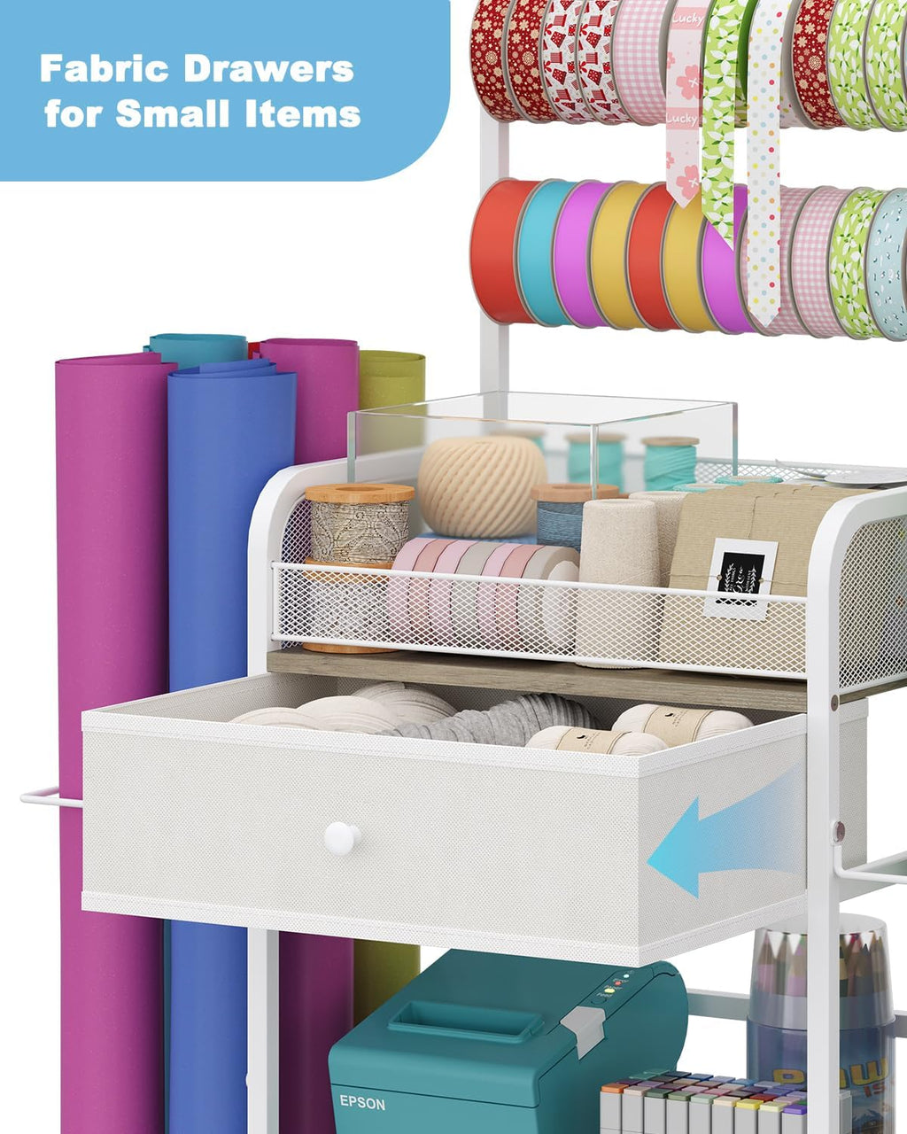 Rsaayekkt Wrapping Paper Storage Cart - Rolling Gift Wrap Station with Fabric Drawer & Ribbon Holder