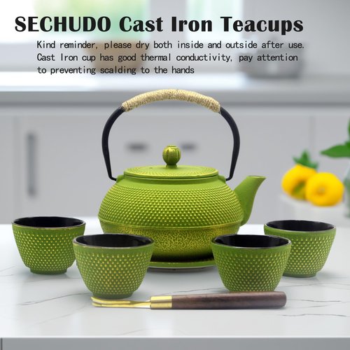 SECHUDO Japanese Cast Iron Tea Cups, Small and Heavy Teacups with no Handles, Japanese Style Cup for Adults, Asian Teacups, Coated with Enameled Interior, 4 Pcs/Box (Green, 2oz/60ml)