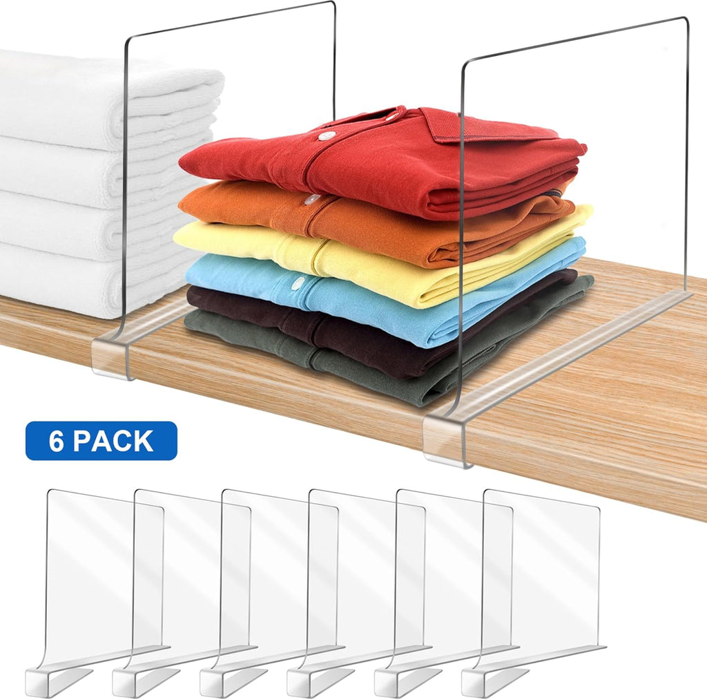 Skiennix Clear Shelf Dividers - 12 Inches Extra Tall | 6 Pack Acrylic Closet Organizer for Sweaters & Clothes