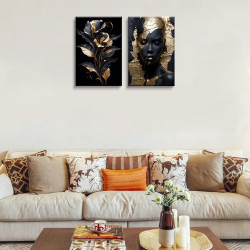 2 Pieces Black Gold African American Women Wall Art African American Wall Decor Gorgeous Woman Portrait Gold Flowers Painting Picture Prints for Bedroom Living Room Hallway Ready to Hang 16x24 Inch