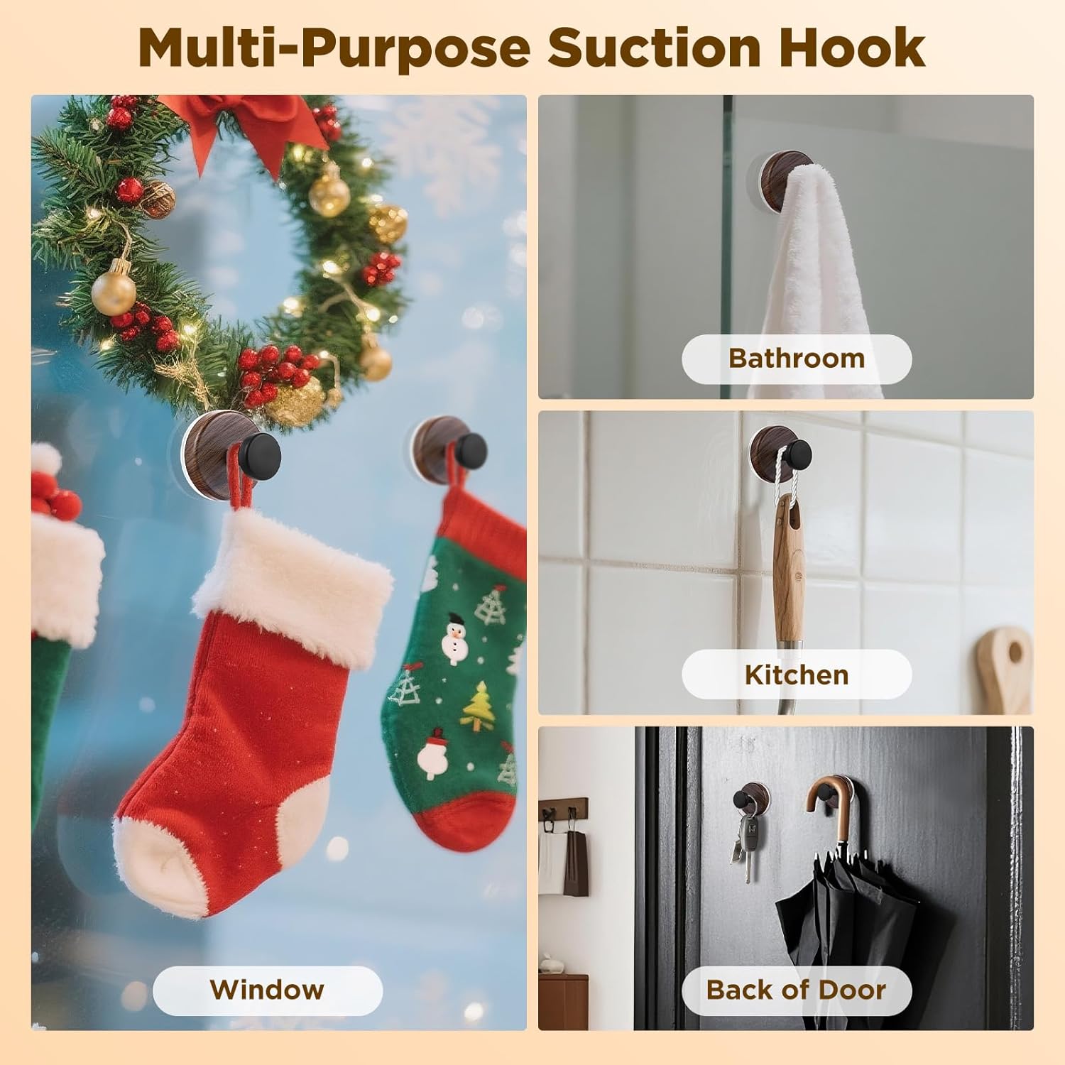 OUTXE Suction Cup Wreath Hanger - Heavy Duty Hook for Front Door & Windows | 2-Pack (Walnut)