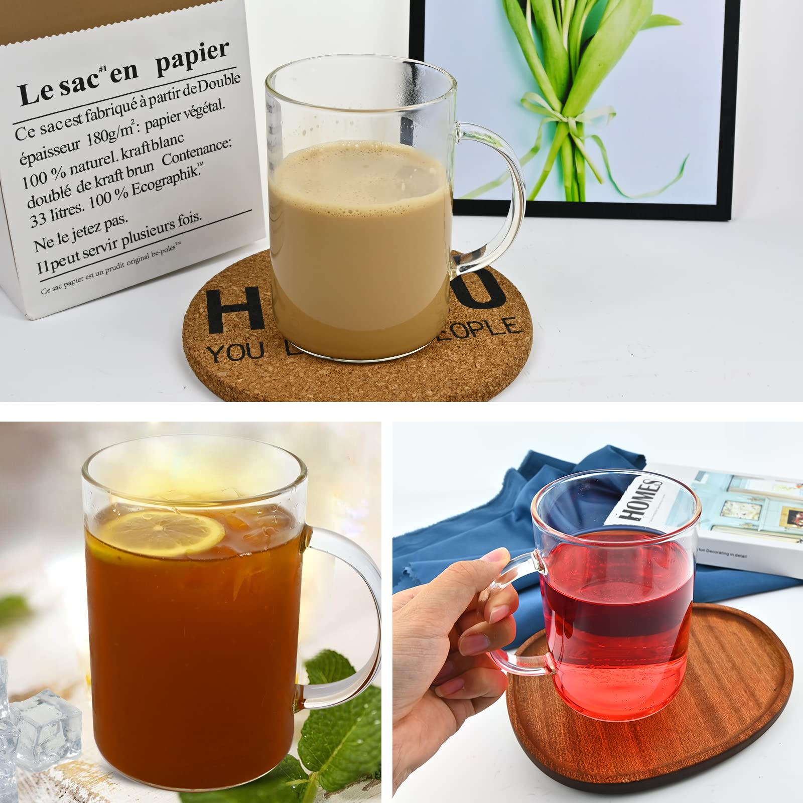 DEDEYA Borosilicate Glass Mugs 19 oz Set of 2, Extra Large Clear Glass Cup with Handle for Coffee Tea Beverage, Hot/Cold Drinking Glasses, wide mouth.