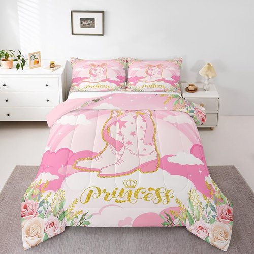 Manfei Cowgirl Boots Kids Queen Comforter Sets,Western Pink Girly Reversible Bedding Set for Girls Children,Kawaii Girl Boots Bowknot 3 Pieces Quilt Sets,South West Pink Duvet Insert,2 Pillow Cases