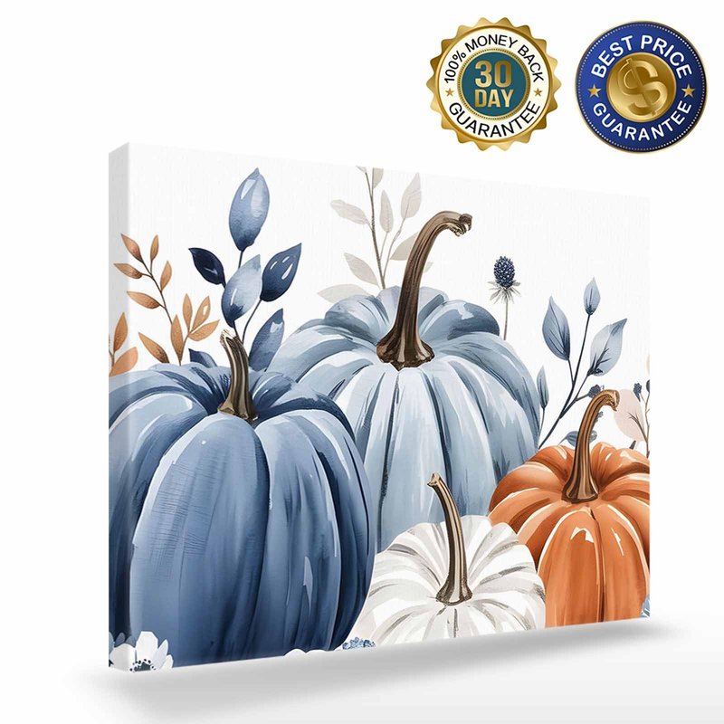 Fall Canvas Wall Art - Thanksgiving Blue Leaves Pumpkin White Background - Modern Wall Decor Gallery Canvas Wraps Giclee Print Stretched and Framed Ready to Hang - 20" x 24"