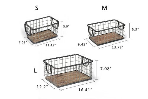 Set of 3 Rectangular Sturdy Hand Welded Farmhouse Metal Wire Basket with Rustic Wooden Bottom For Shelves, Closet Storage Bins for Shelves. Also For Laundry, Towel, Spice Rack, Tool Box (SET OF 3)