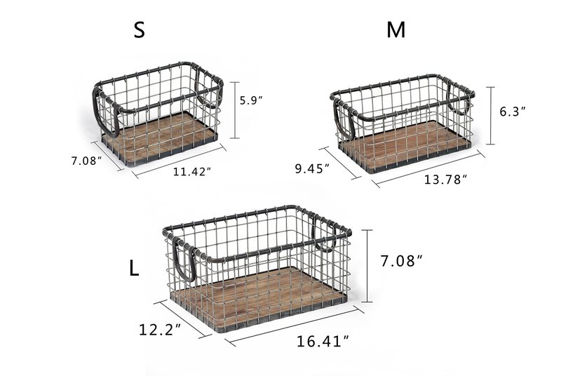 Set of 3 Rectangular Sturdy Hand Welded Farmhouse Metal Wire Basket with Rustic Wooden Bottom For Shelves, Closet Storage Bins for Shelves. Also For Laundry, Towel, Spice Rack, Tool Box (SET OF 3)