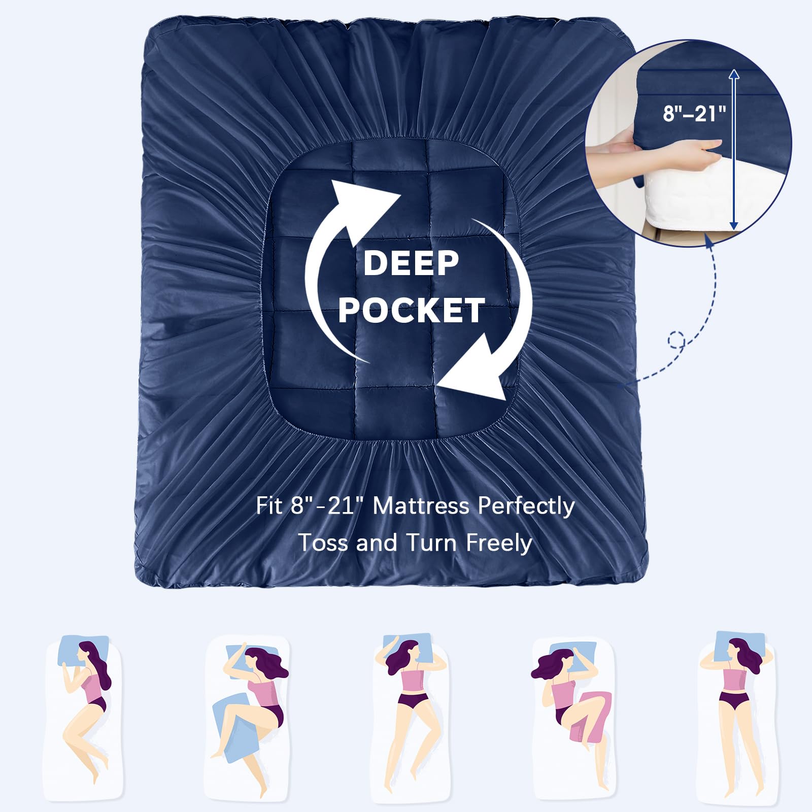 CYMULA Short Queen Mattress Topper, Cooling Bed Mattress Topper, Navy Thick Mattress Pad Cover Pillow Topper