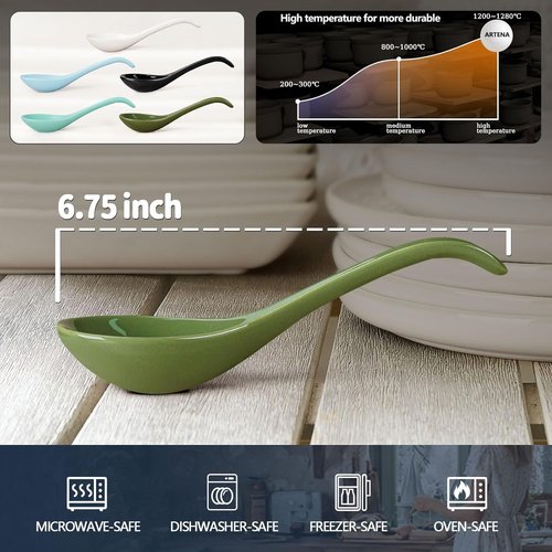 Artena 6.75-Inch Solid Asian Soup Spoon Set of 6 | Ultra-Fine Porcelain Ramen & Miso Spoons - Green