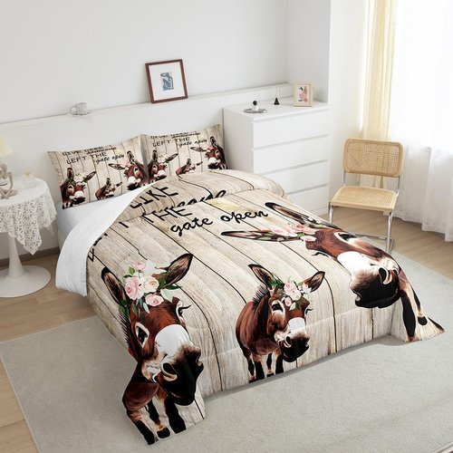 Manfei Donkey Comforter Set Full Size, Floral Animal Theme Quilt Set with 2 Pillowcases, Rustic Farmhouse Bedding Set 3pcs for Kids Boys Girls Bedroom Decor Grey Wooden Board Duvet Insert