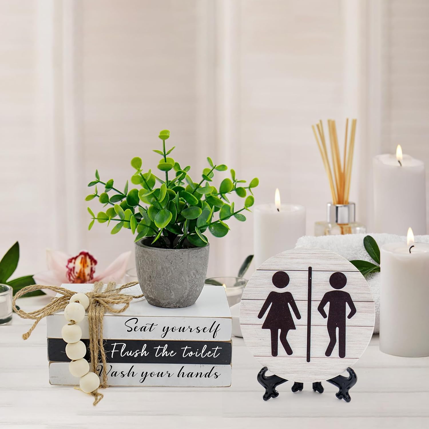 Skiennix Bathroom Shelf Decor - Funny Wooden Signs with Fake Plants | 3D Round Design for Guest Restrooms