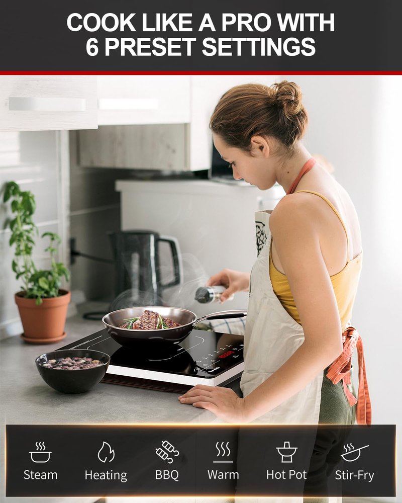 TOPWISH Portable Electric Stove,110V Electric Hot Plate Single Burner Electric Cooktop Countertop Burner with 6 Preset Functions,10 Power Levels,LED Touch Control, Child Lock &Timer