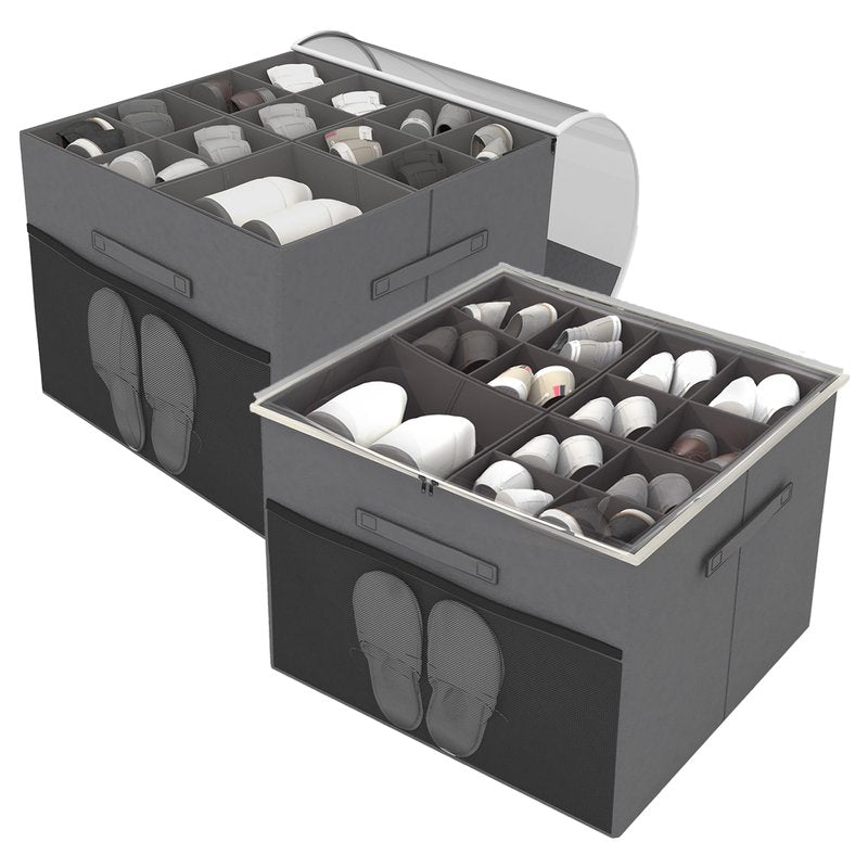 ZLLZUU Shoe Organizer for Closet,2 Pack Foldable Shoe Storage Box with Adjustable Dividers and Clear Cover, Fabric Shoe Storage organizer Bin with Mesh Pockets,Fits up to 16-32 Pairs,Grey