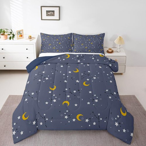 Erosebridal Moon & Stars Bedding Boys Girls 3Pcs Galaxy Full Comforter Set for Kids Toddler Teen, Dreamy Moon Stars Bedding Sets Constellation Space Illustration Duvet Set with 2 Pillowcases