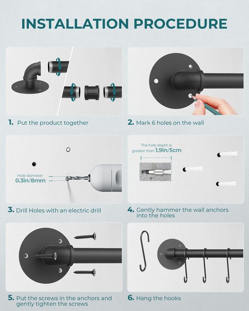 OROPY 38 inch Pot Bar Rack Wall Mounted Detachable Pans Hanging Rail Kitchen Lids Utensils Hanger with 14 S Hooks Black