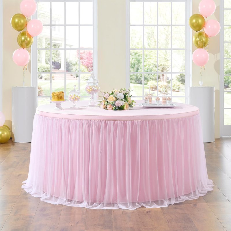 132in Baby Pink Tulle Table Skirts for Rectangle Tables 6ft 8ft, 2-Layer 11 ft Long Gold Grim Princess Pink Ruffle Tulle Tutu Table Skirt Cloth for Girl Birthday Baby Cake Dessert(No Table Cover)