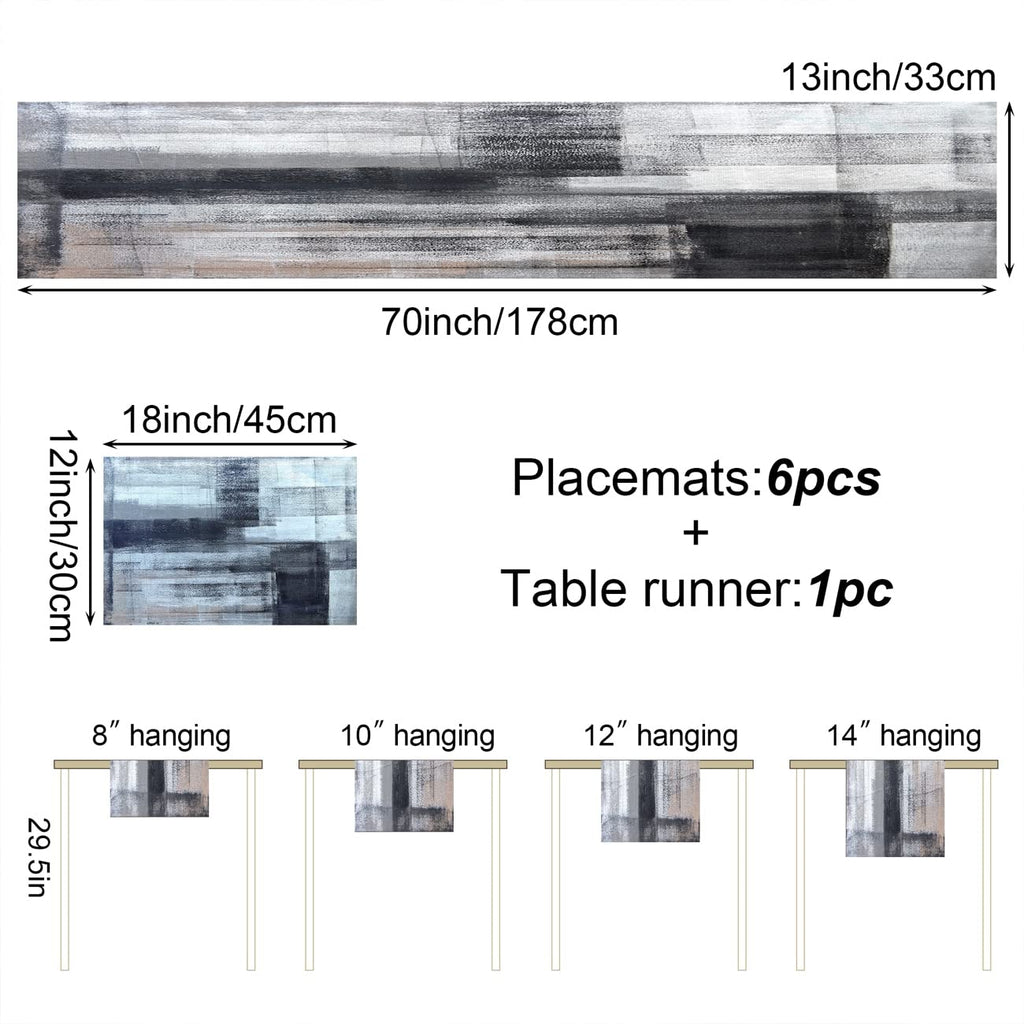 TQFZP Black and Grey Modern Table Runner and Place Mats Set of 6 Abstract Black and White Gray Pink Linen Dining Mat Sets Washable Ivory Tabletop for Home Table Decorations 70 Inches Long