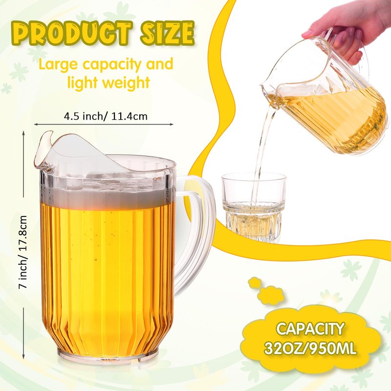 Rtteri 16 Pack 32oz Clear Plastic Pitchers – Bulk Mini Drink & Beverage Pitcher Jugs for Serving Water, Beer, Sangria, Lemonade, Juice & Iced Tea on Restaurant, Bar, Catering, BBQ, Oktoberfest & Party