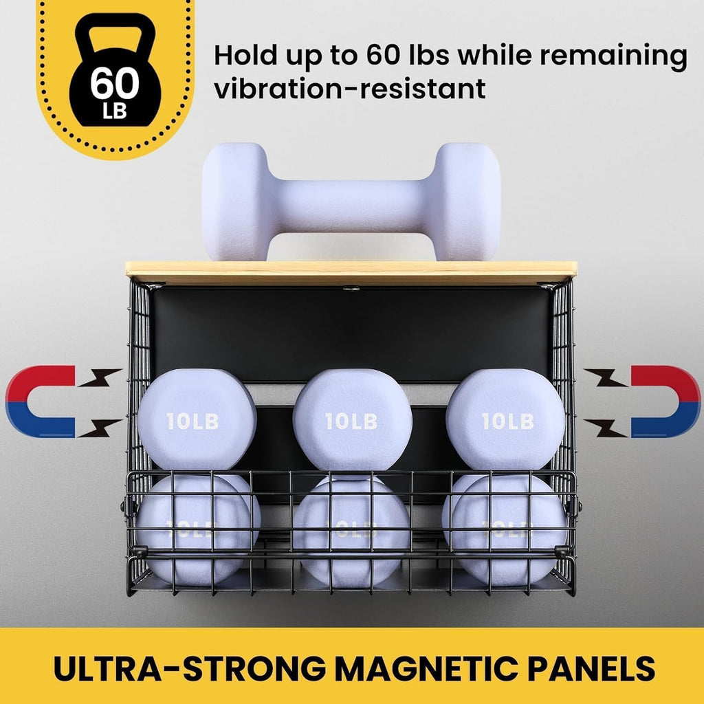 WIDER SHELF Magnetic Spice Rack - XXL Large Fridge Shelf Basket with Bamboo Top & Tag | Kitchen Organizer