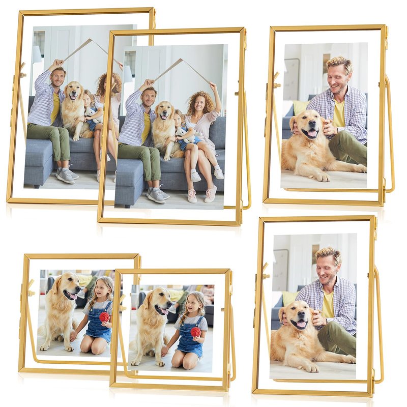 Jajamy Set of 6 Gold Glass Floating Picture Frame, Glass Pressed Flower Frames Collection, 4"x 4", 4"x 6", 5"x 7" Gold Picture Frame for Stand Tabletop Photo Display