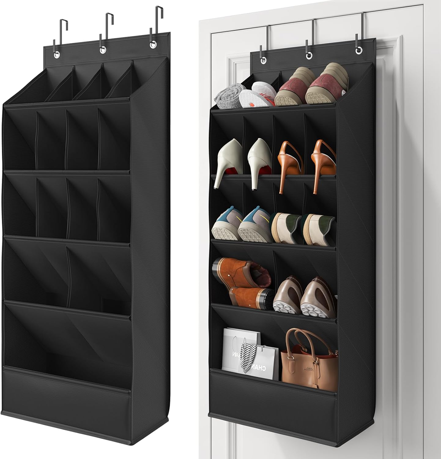 Skiennix Over The Door Shoe Organizer - 18 Pairs Capacity with Large Breathable Pockets | Black